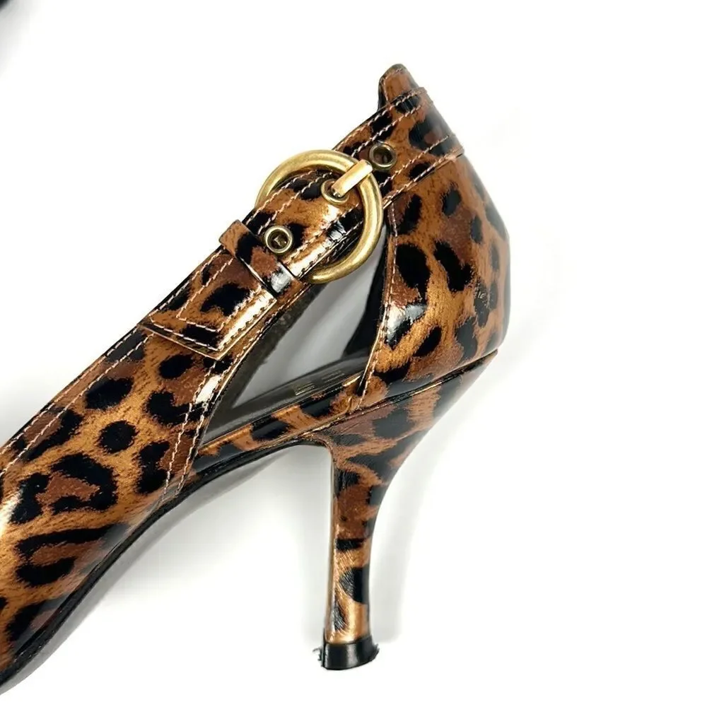 Stuart Weitzman Patent Leather Leopard Animal Print Peep Toe Pumps 6 1/2